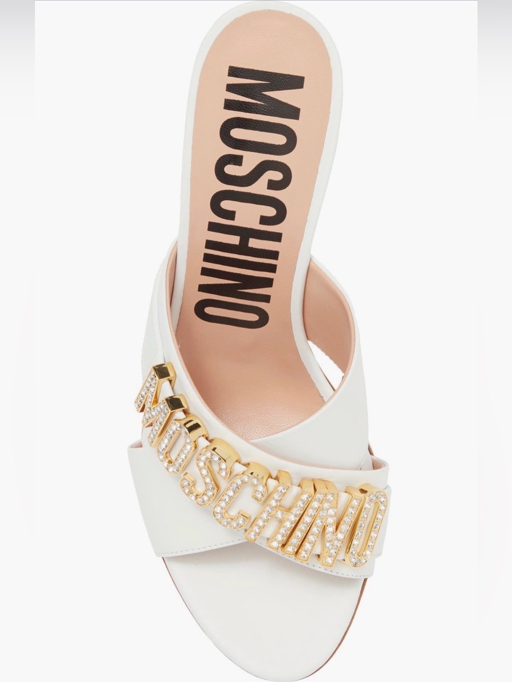 Moschino White Leather Crystal Logo Heel Slides - Picture 2 of 8